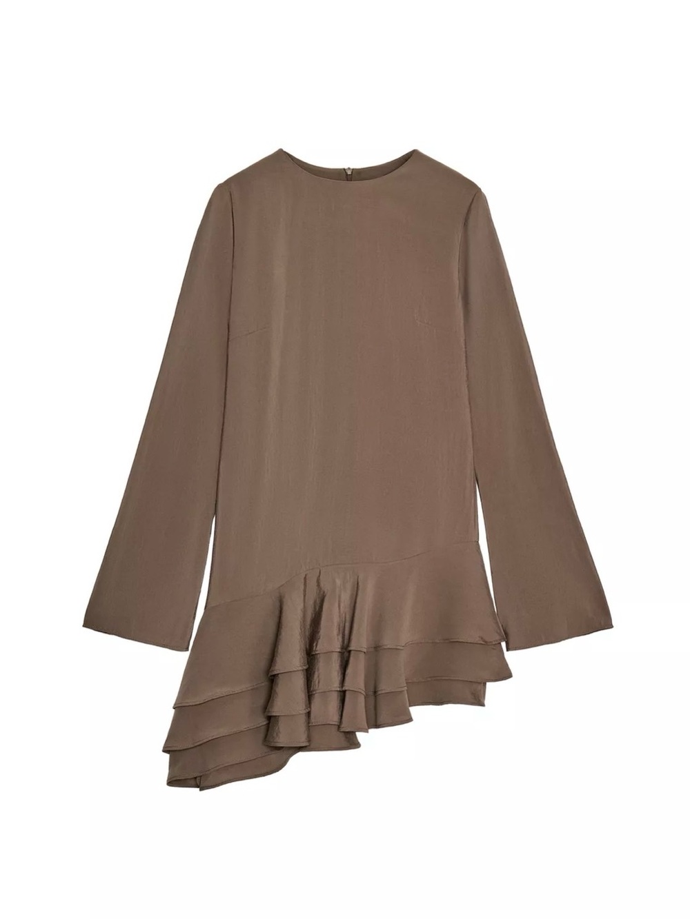 Asymmetric Ruffle Long-Sleeve Dress - Taupe